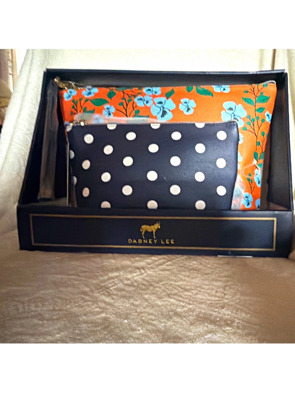 Dabney Lee Orange Floral & Black Polka Dot Pouch Set
